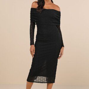Lulus Demurely Chic Black Mesh Textured Off-the-shoulder Midi Dress - Size S